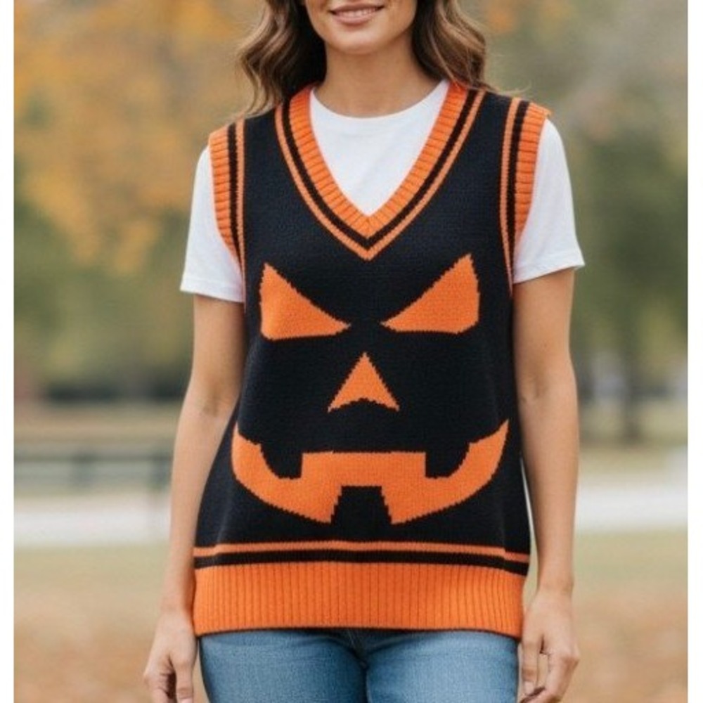 Spirit Halloween Pumpkin Face Sweater Knit Vest Black Orange Medium NWT
